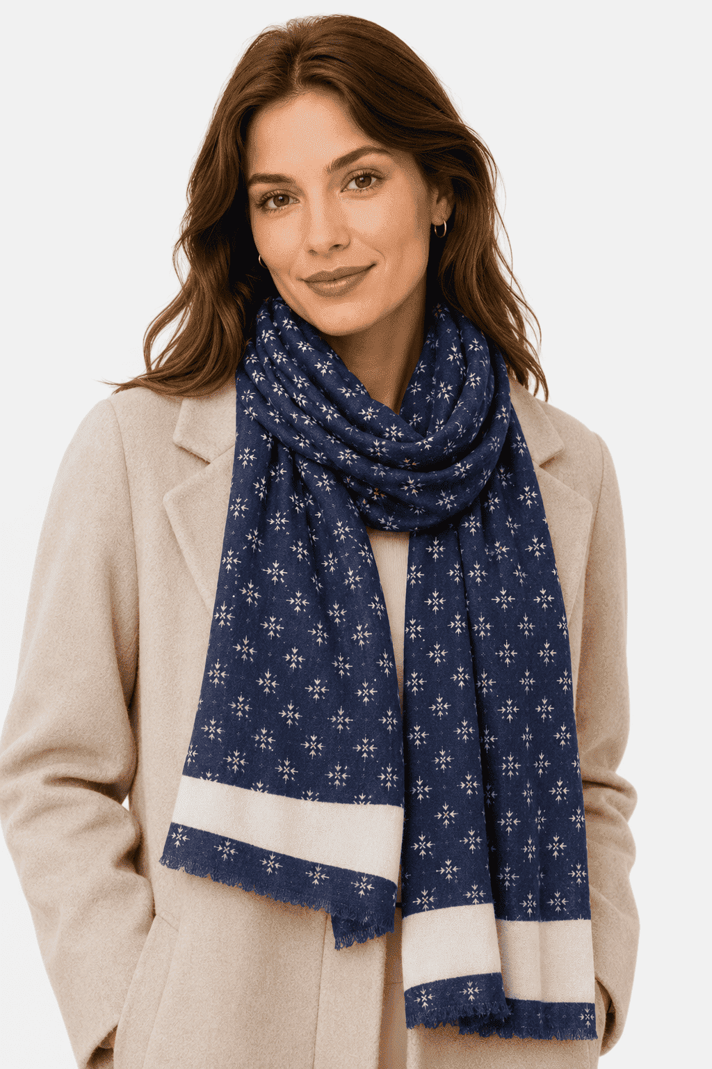 Sciarpa Foulard Pashmina Blu con Motivo Geometrico e Fascia Bianca | Acrilico, Lana, Viscosa e Modal