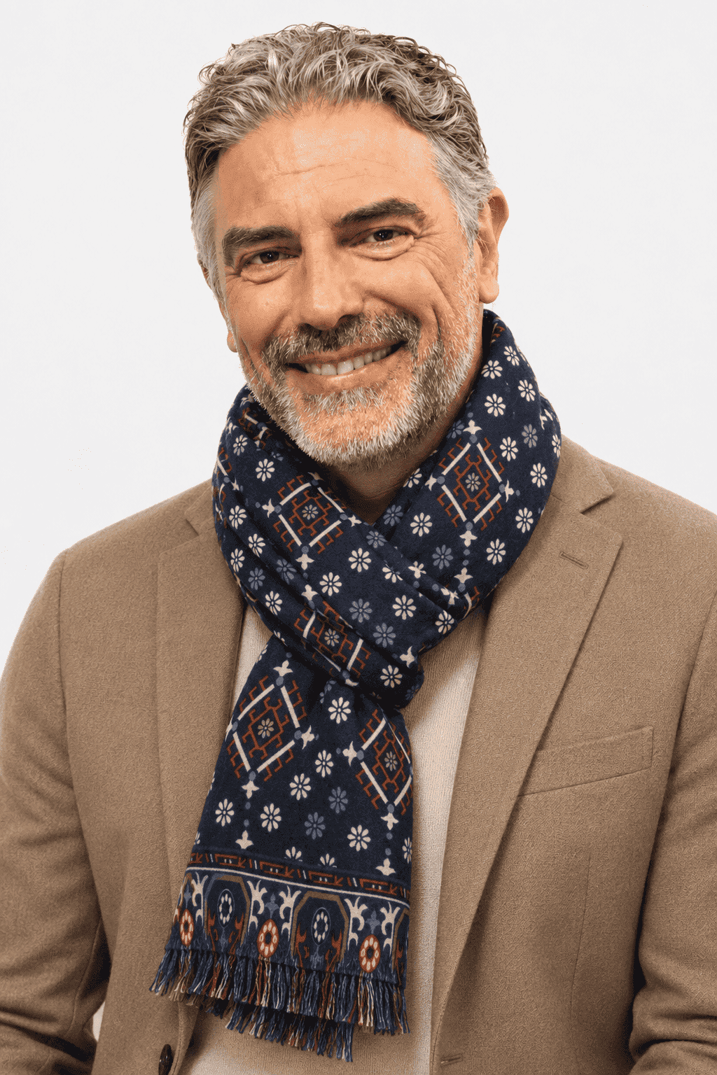 Sciarpa Foulard Pashmina Blu con Motivi Geometrici Arancioni e Bianchi | Acrilico, Lana, Viscosa e Modal