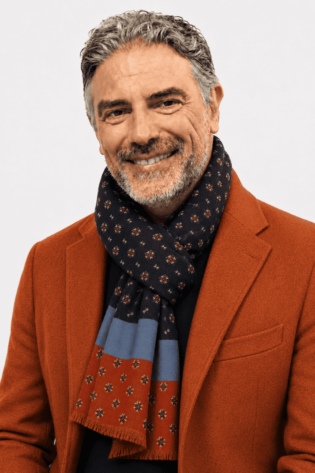 Sciarpa Foulard Pashmina Blu con Motivi Geometrici e Fascia Celeste Arancione | Acrilico, Lana, Viscosa e Modal