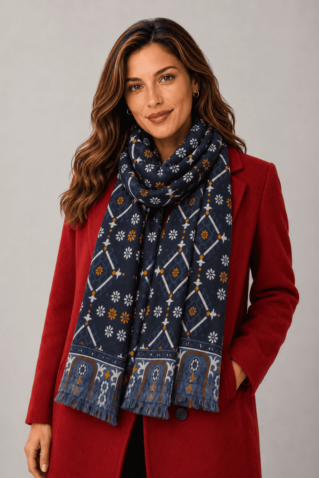 Sciarpa Foulard Pashmina Blu con Motivo Geometrico e Floreale, Fascia Ocra | Acrilico, Lana, Viscosa e Modal