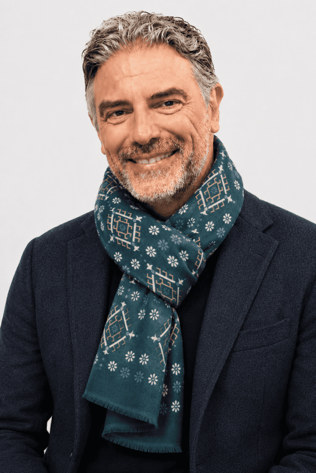 Sciarpa Foulard Pashmina Verde con Motivo Geometrico e Floreale, Dettagli Beige e Blu | Acrilico, Lana, Viscosa e Modal
