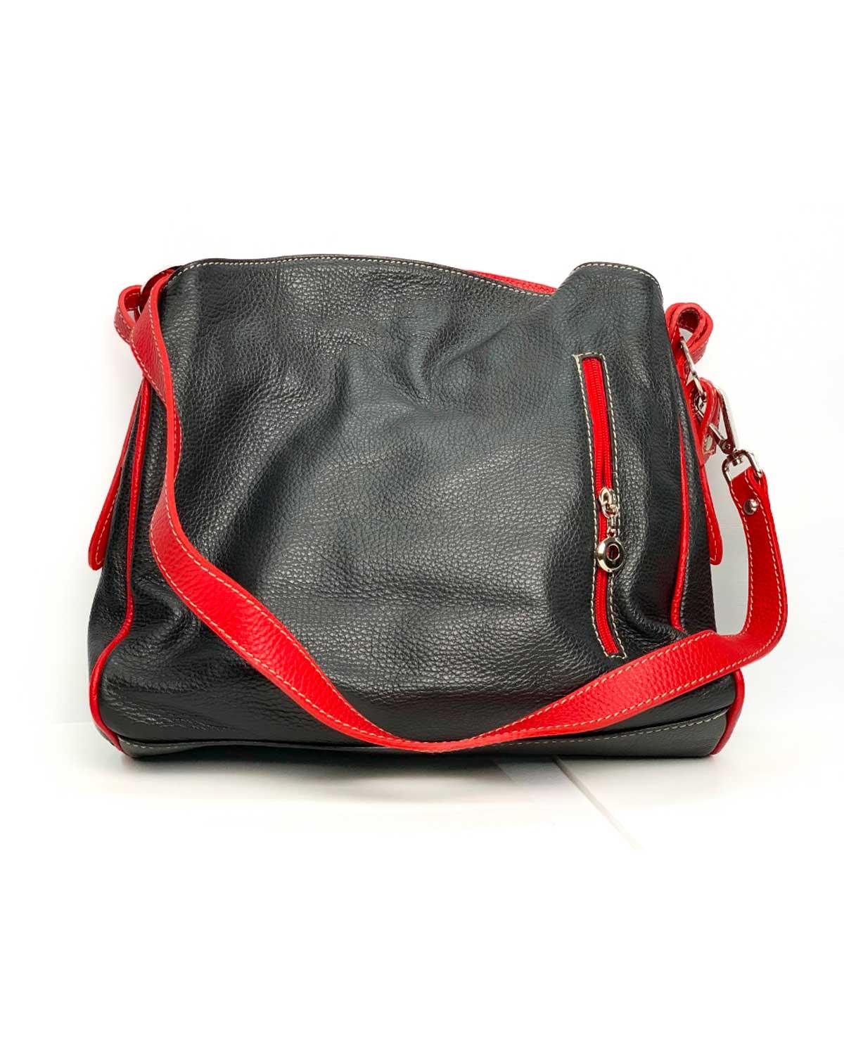 Borsa a spalla donna Maria Giulia in vera pelle made in italy - Nero con manici rosso - Alidiluna