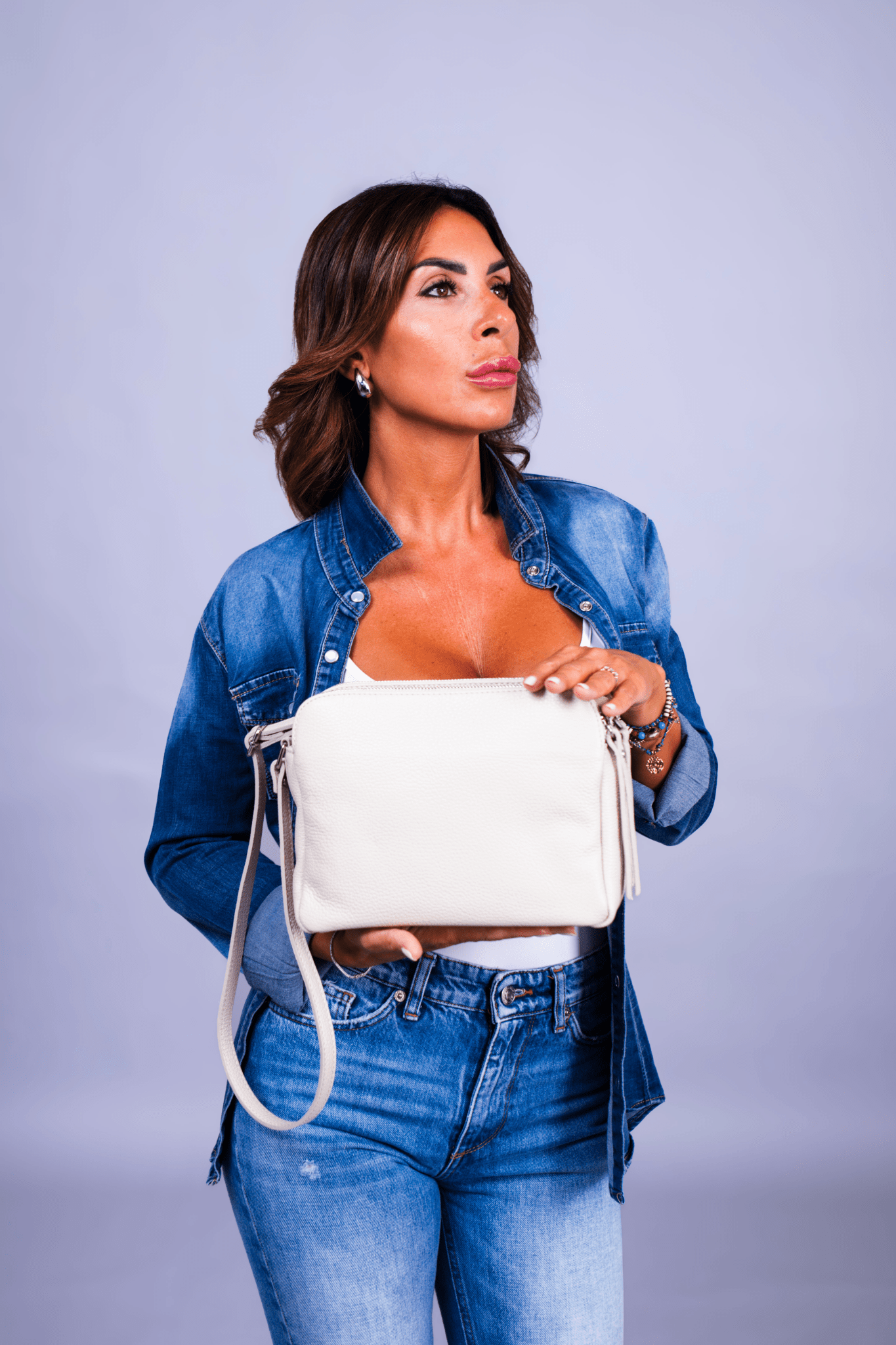 Borsa Donna Edvige Vera Pelle Beige Doppia Zip Compatta Made in Italy - Alidiluna