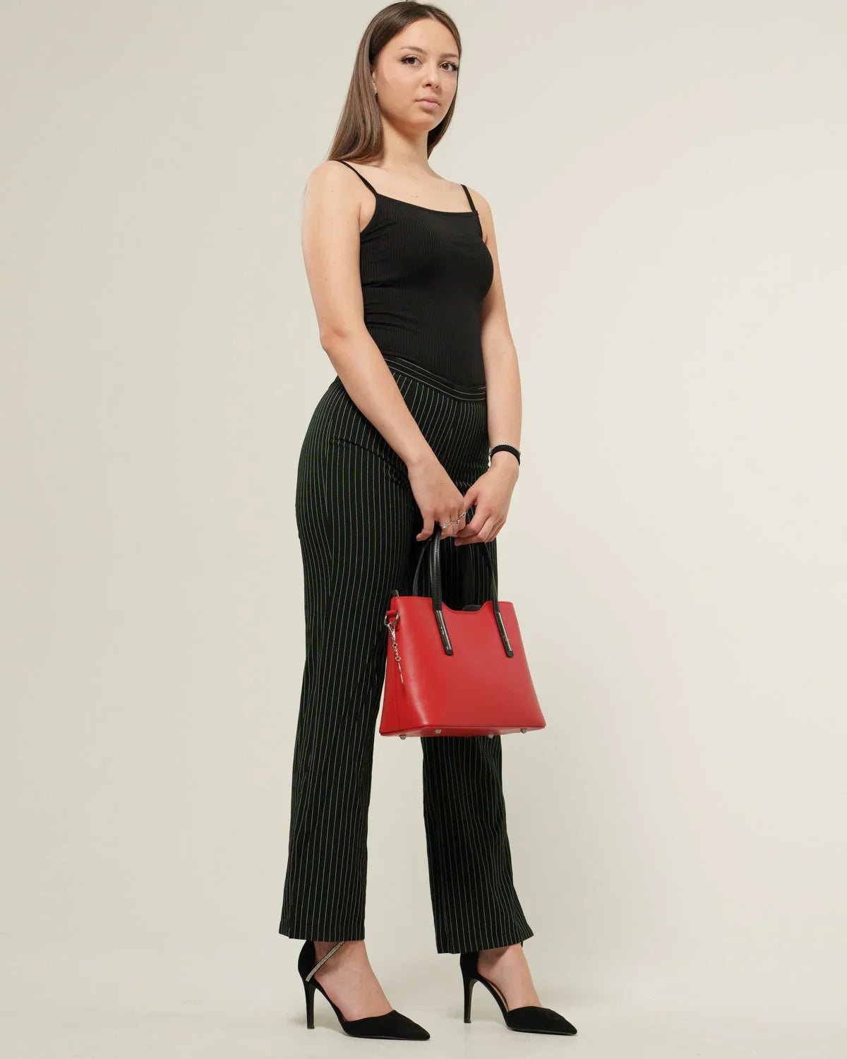 Borsa spalla o a mano donna Adele in vera pelle Rosso manici Nero con zip - Alidiluna