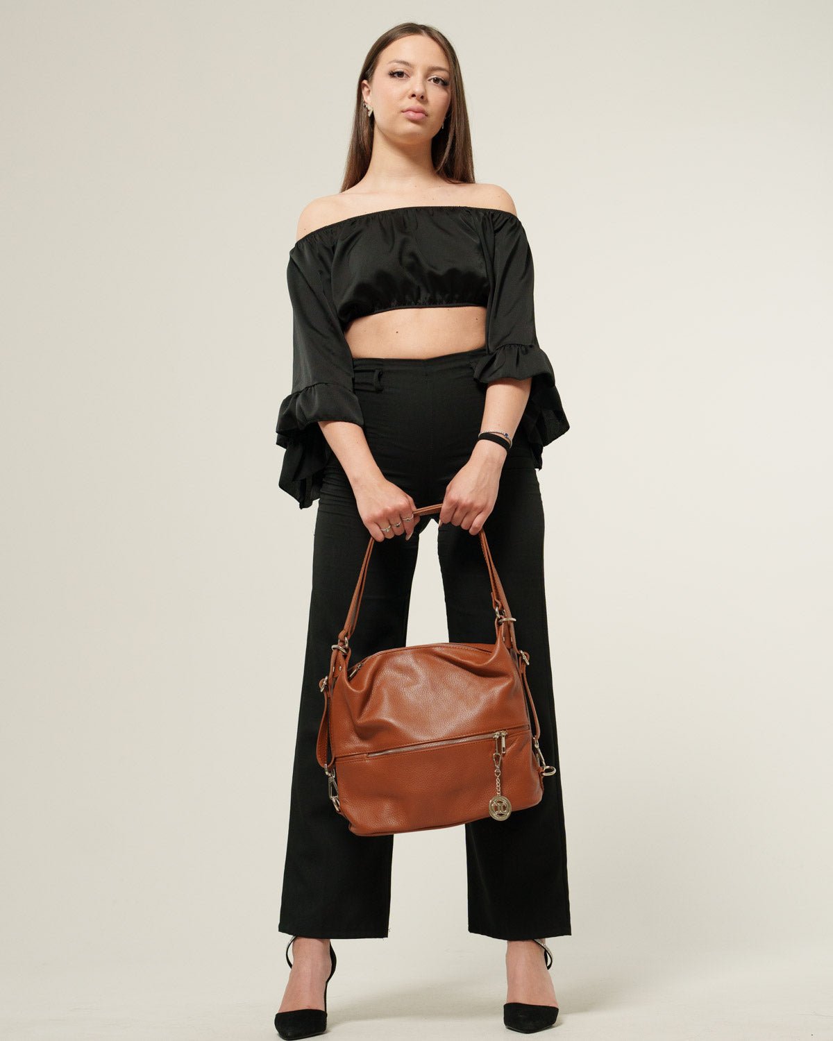 Borsa Spalla Zaino Donna Monia Vera Pelle Cognac Elegante Funzionale - Alidiluna