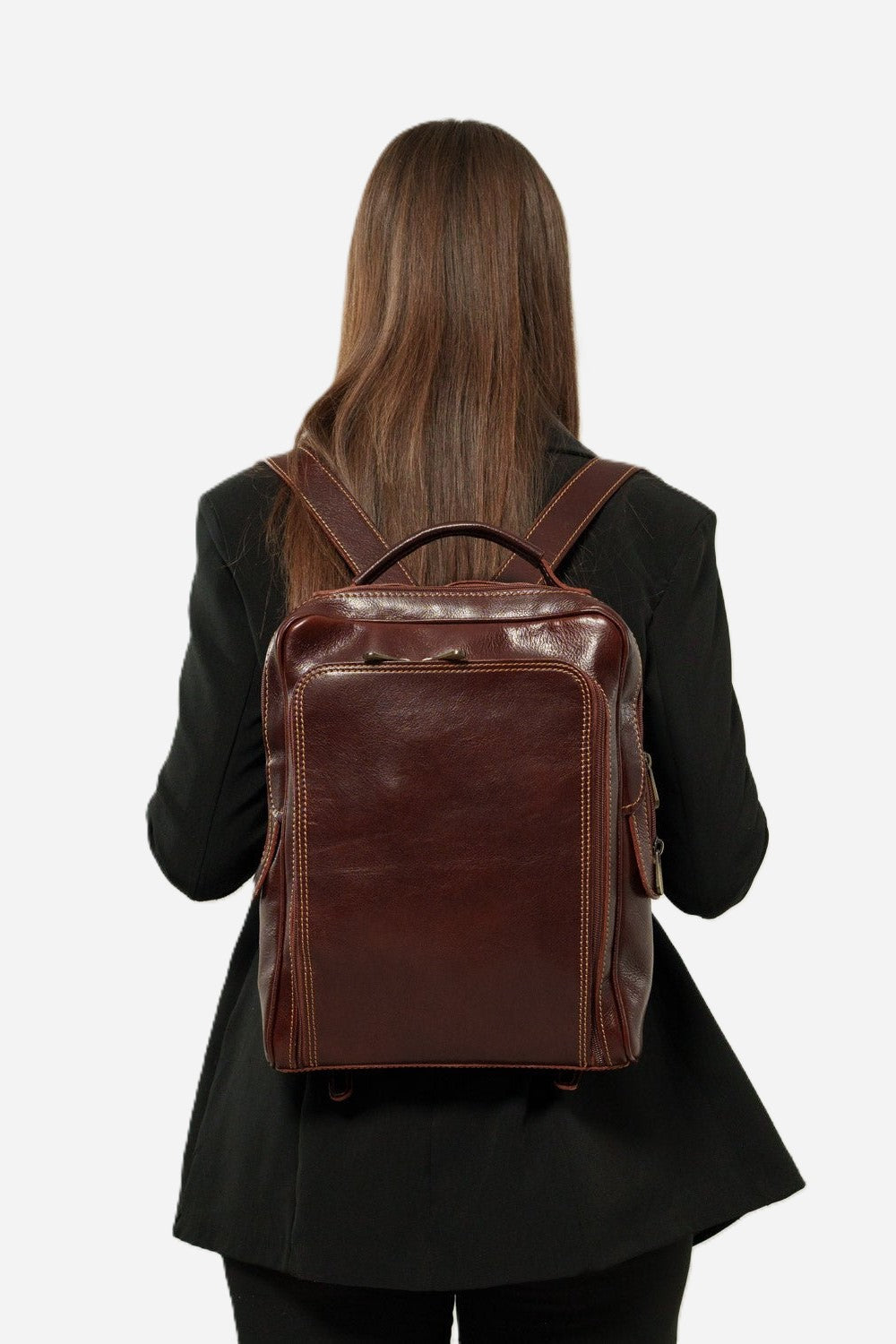 Maria Elena women's backpack in genuine dark brown leather with laptop compartment