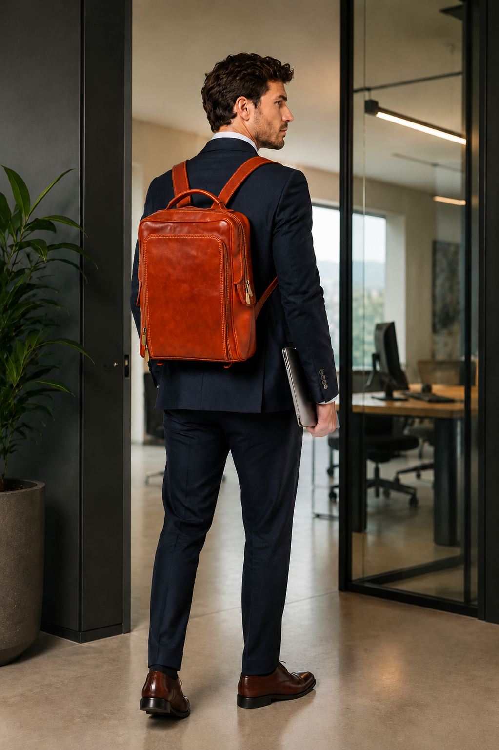 Maria Elena Women's Backpack in Genuine Cognac Leather with Laptop Compartment