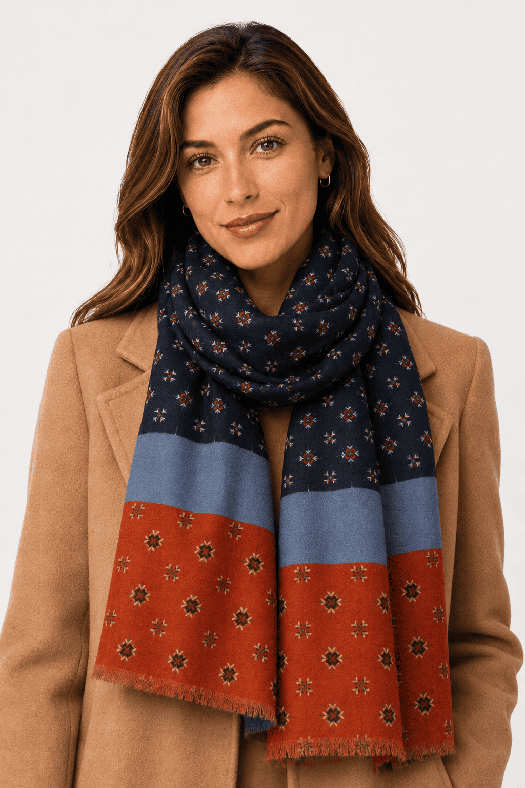 Sciarpa Foulard Pashmina Blu con Motivi Geometrici e Fascia Celeste Arancione | Acrilico, Lana, Viscosa e Modal