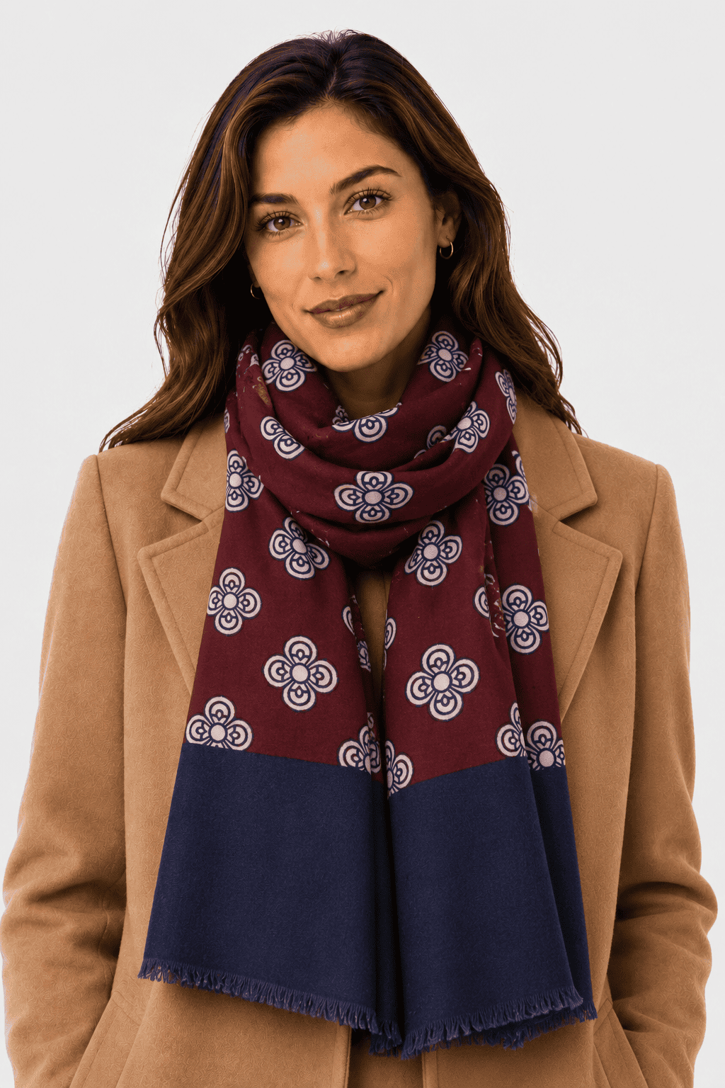 Sciarpa Foulard Pashmina Bordeaux con Motivo Floreale Bianco e Fascia Blu | Acrilico, Lana, Viscosa e Modal