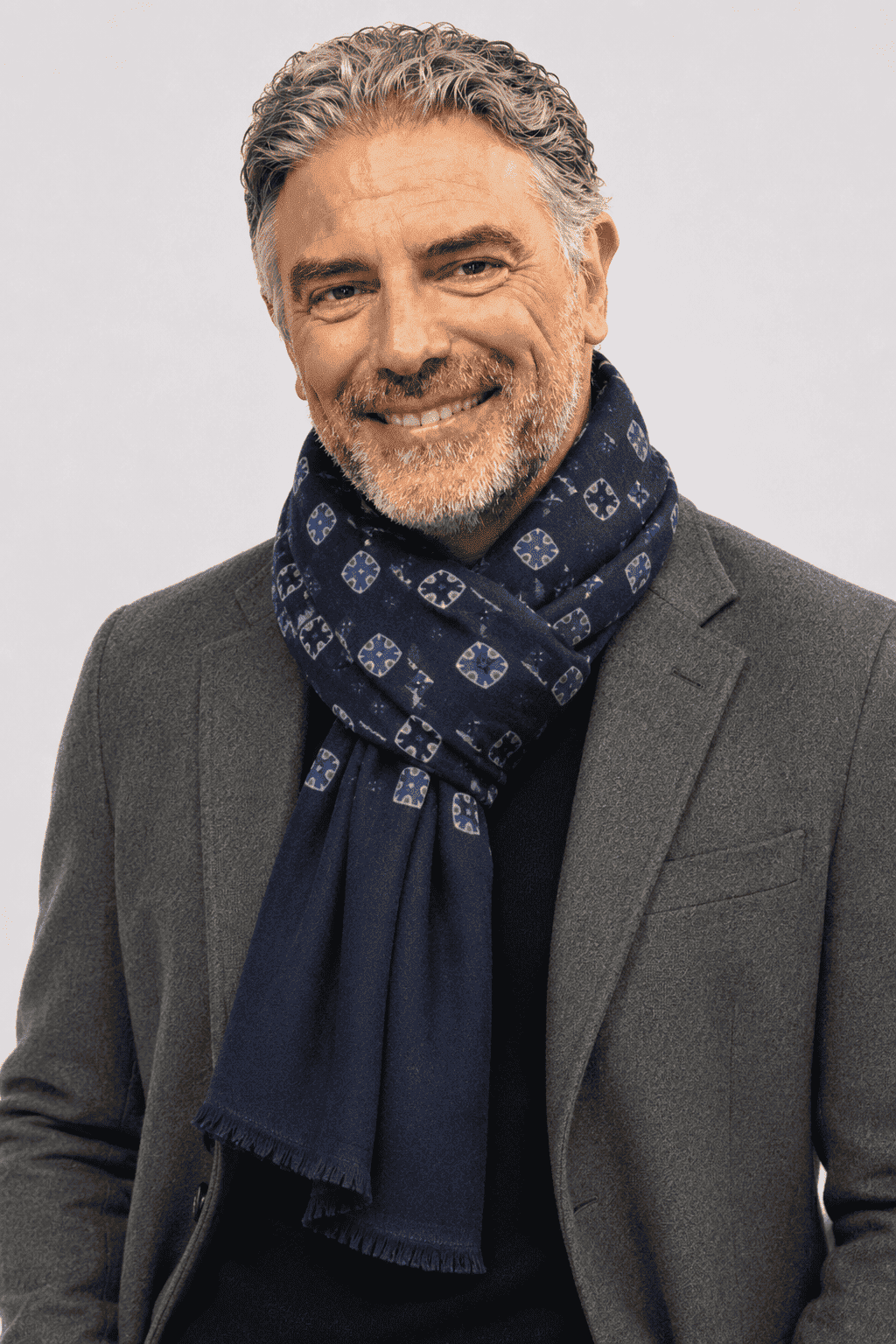 Sciarpa Foulard Pashmina Blu con Motivo Geometrico Grigio e Blu | Acrilico, Lana, Viscosa e Modal
