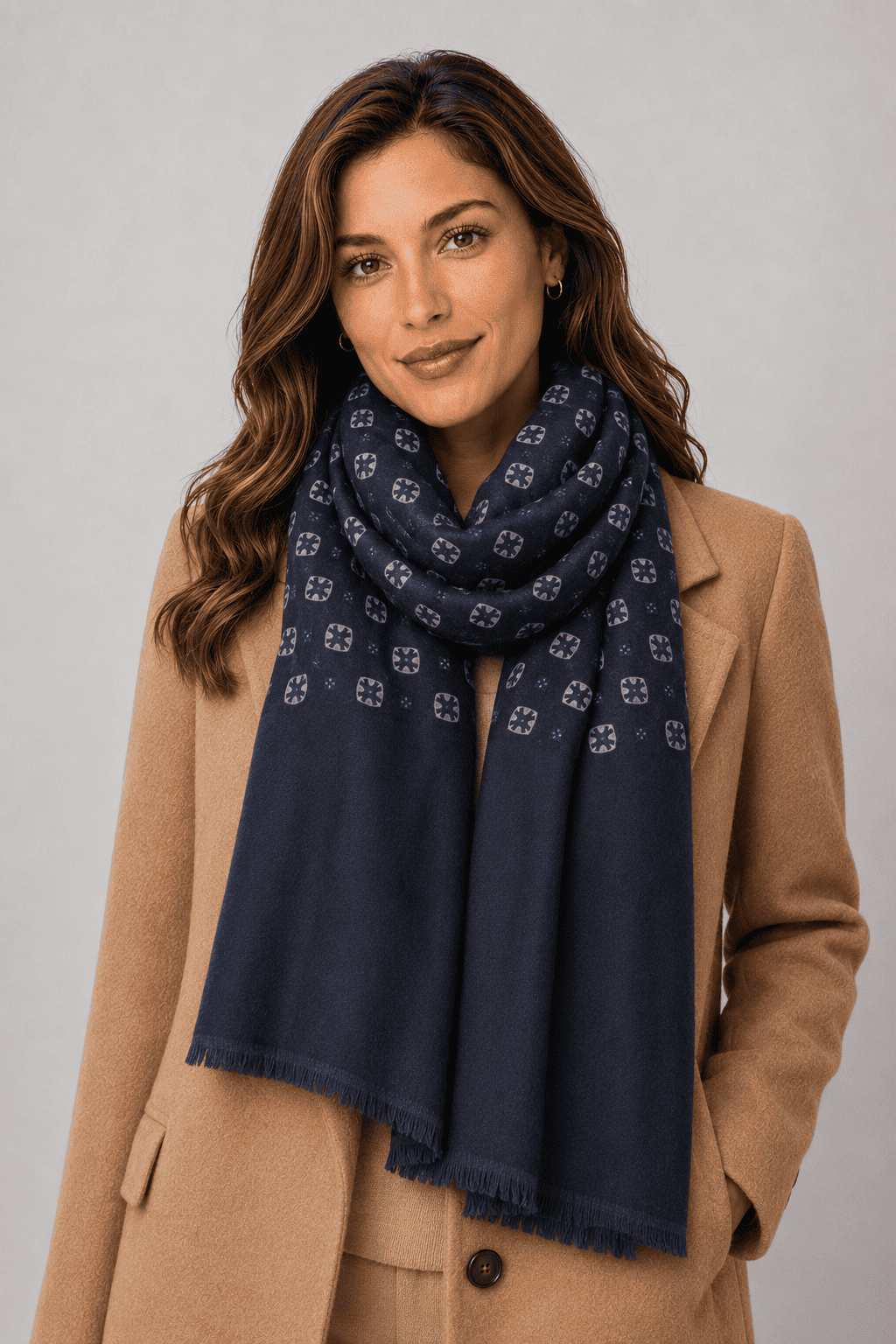 Sciarpa Foulard Pashmina Blu con Motivo Geometrico Grigio e Blu | Acrilico, Lana, Viscosa e Modal