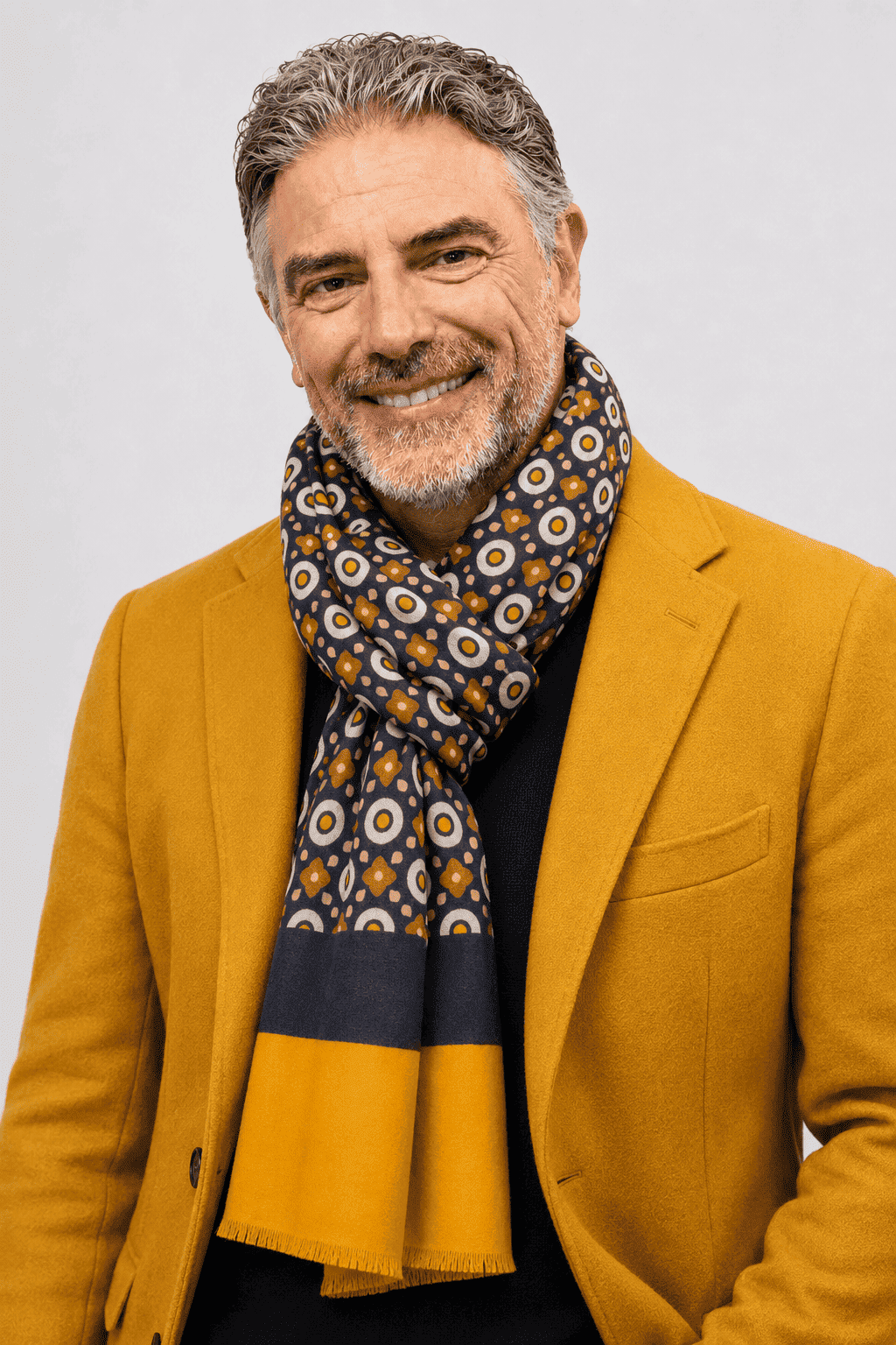 Sciarpa Foulard Pashmina Blu con Motivo Geometrico Multicolore e Bordo Giallo | Acrilico, Lana, Viscosa e Modal