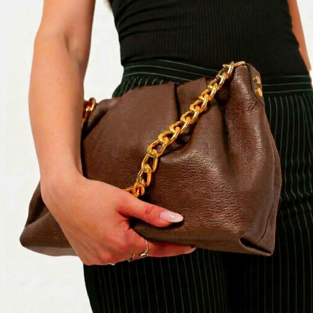 Borsa Donna Lauretana Vera Pelle Cioccolato | Catena Dorata | Made in Italy