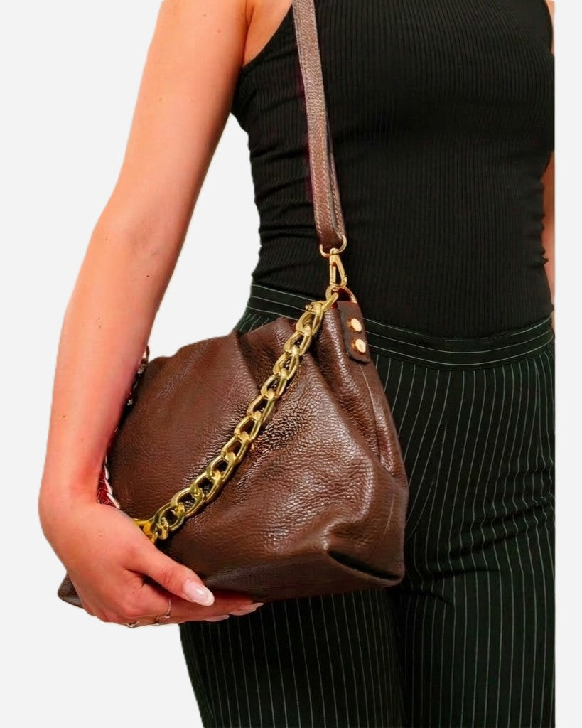 Borsa Donna Lauretana Vera Pelle Cioccolato | Catena Dorata | Made in Italy