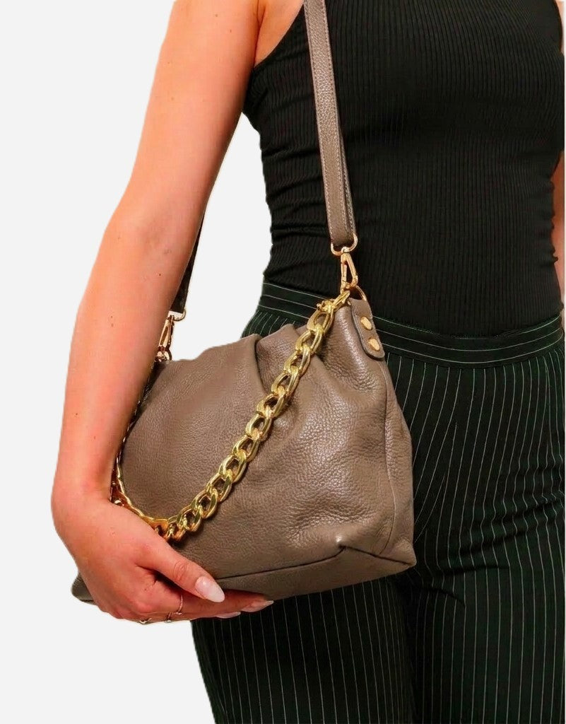 Borsa Donna Lauretana Vera Pelle Fango | Catena Dorata | Made in Italy