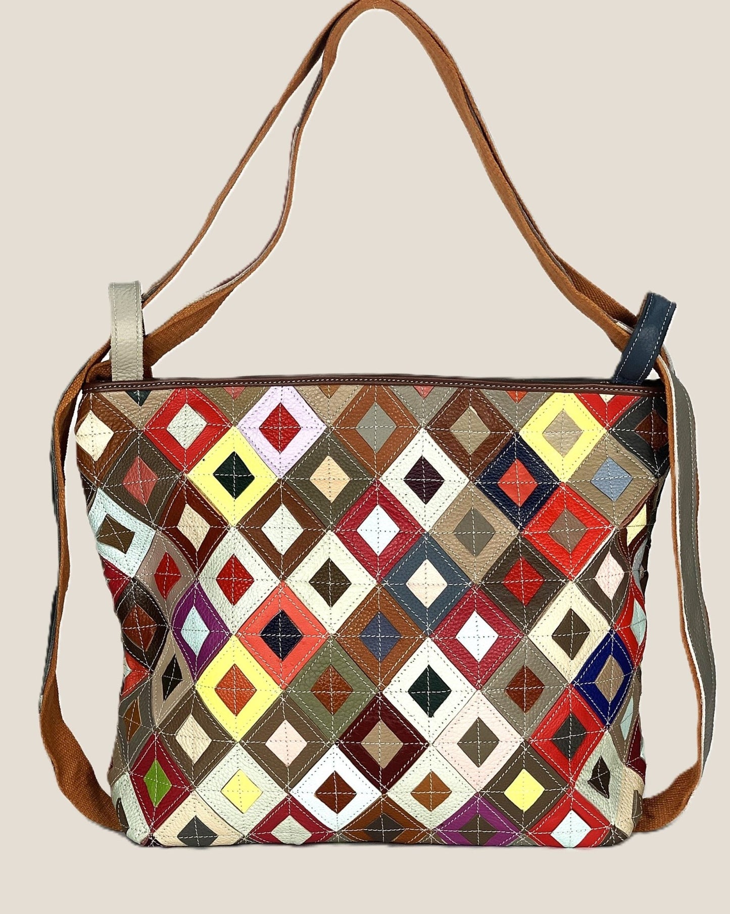 Borsa a spalla o Zaino donna Venusia in vera pelle modello Patchwork Multicolore rombo - Alidiluna