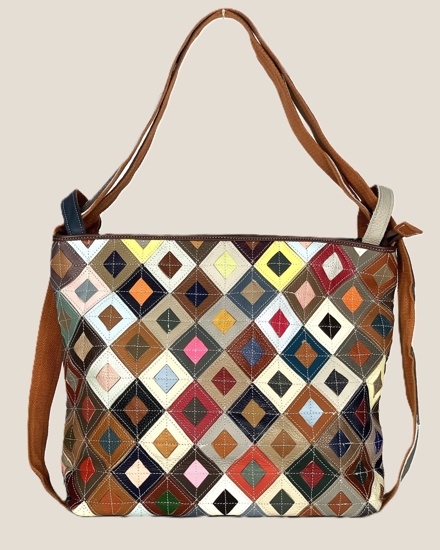 Borsa a spalla o Zaino donna Venusia in vera pelle modello Patchwork Multicolore rombo - Alidiluna