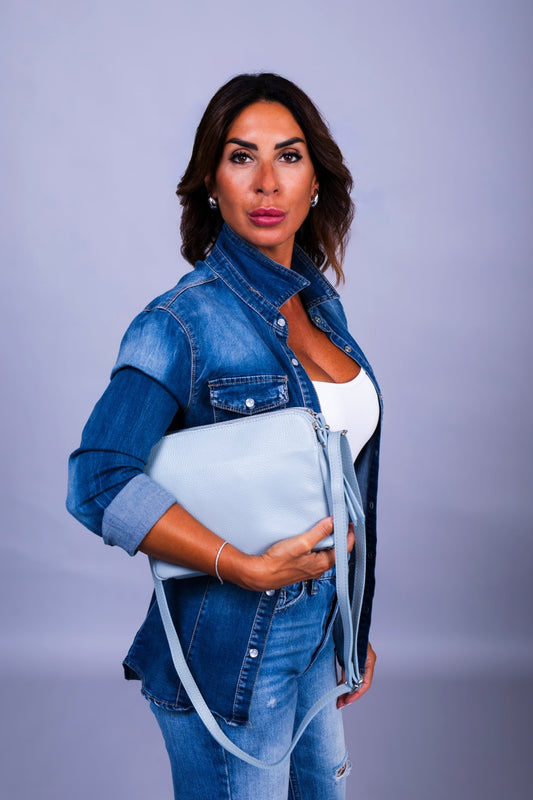 Borsa Donna Edivige Vera Pelle Celeste Doppia Zip Compatta Made in Italy - Alidiluna