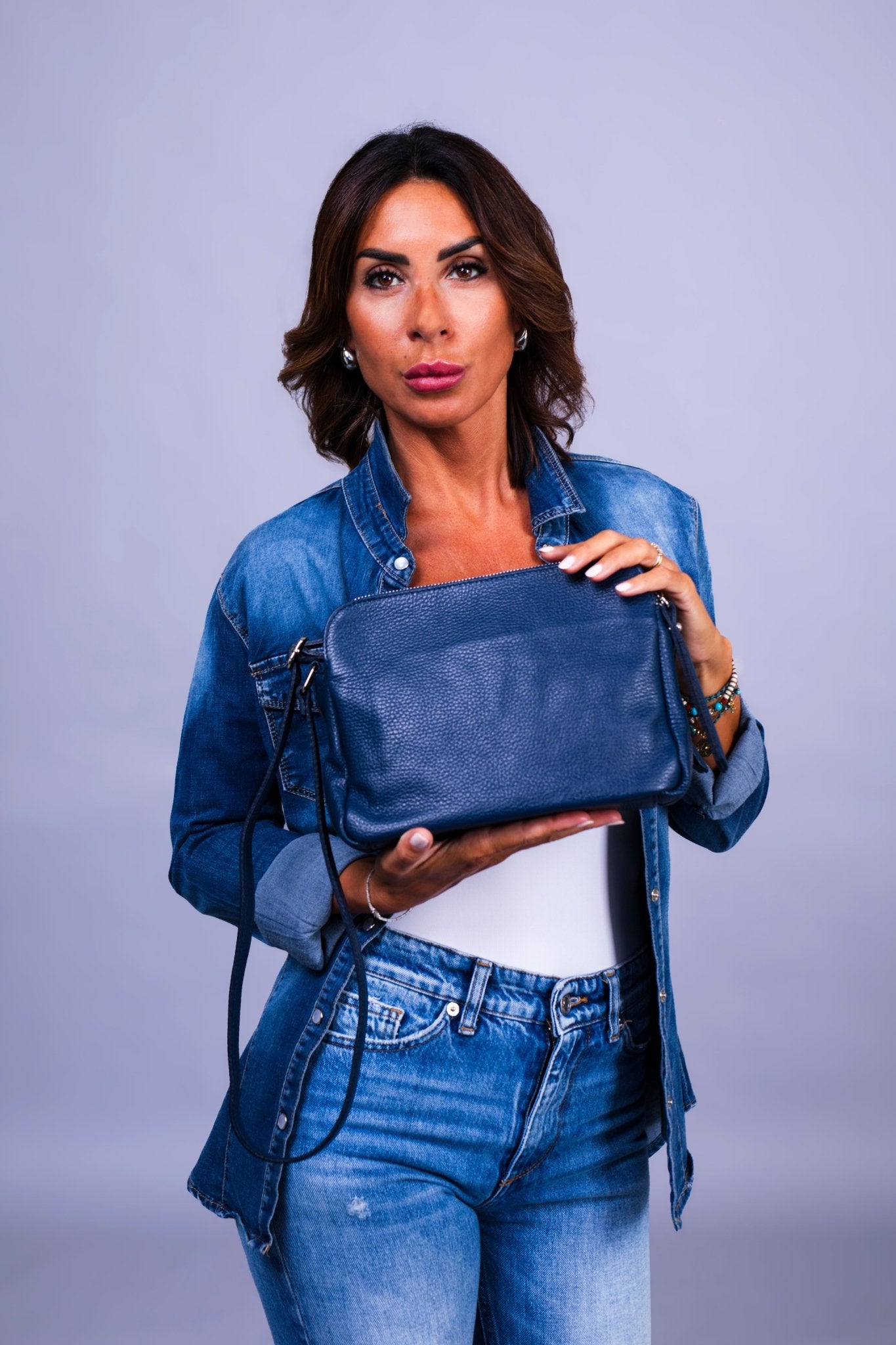 Borsa Donna Edvige Vera Pelle color Jeans Doppia Zip Compatta Made in Italy - Alidiluna