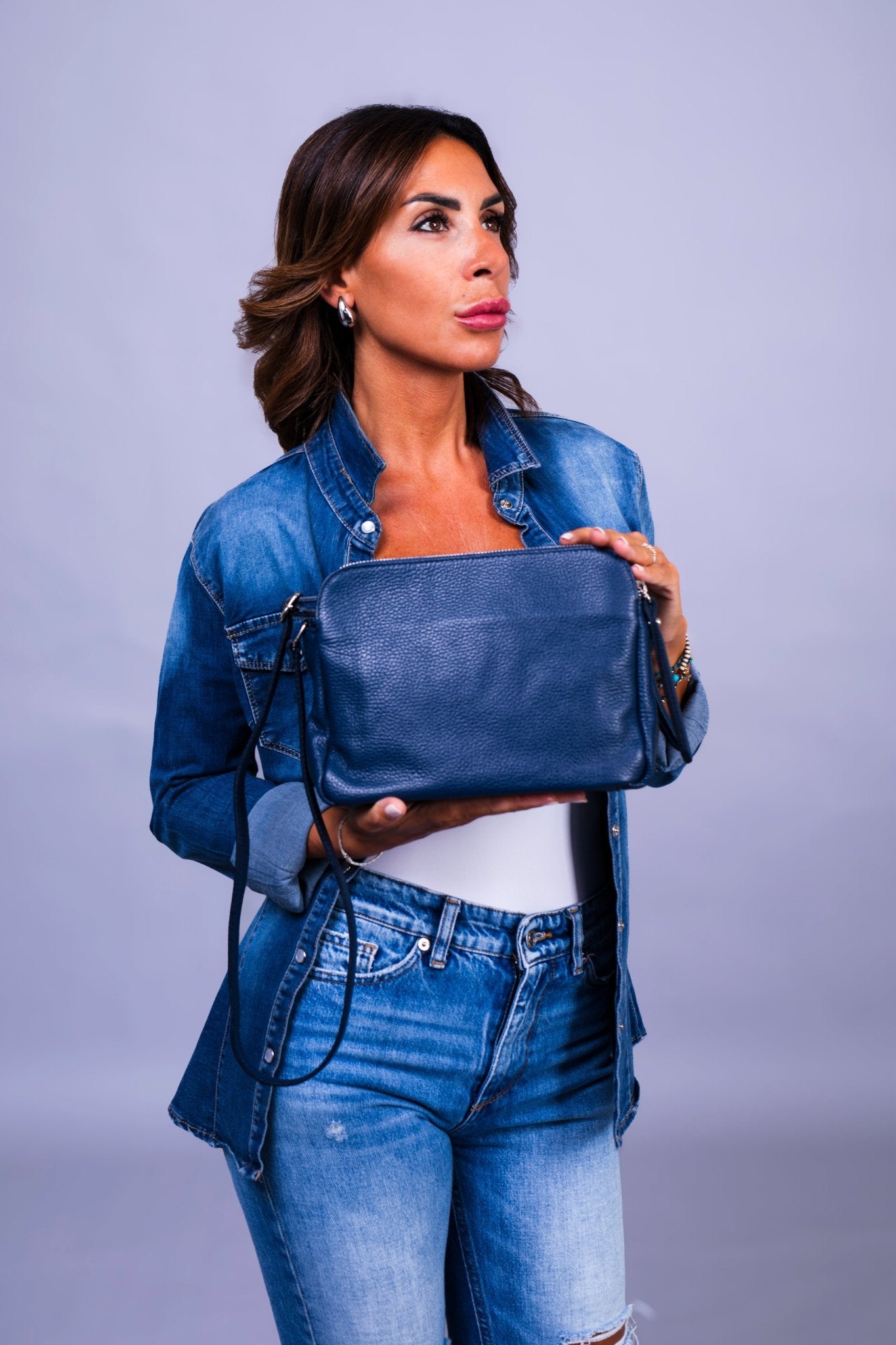 Borsa Donna Edvige Vera Pelle color Jeans Doppia Zip Compatta Made in Italy - Alidiluna