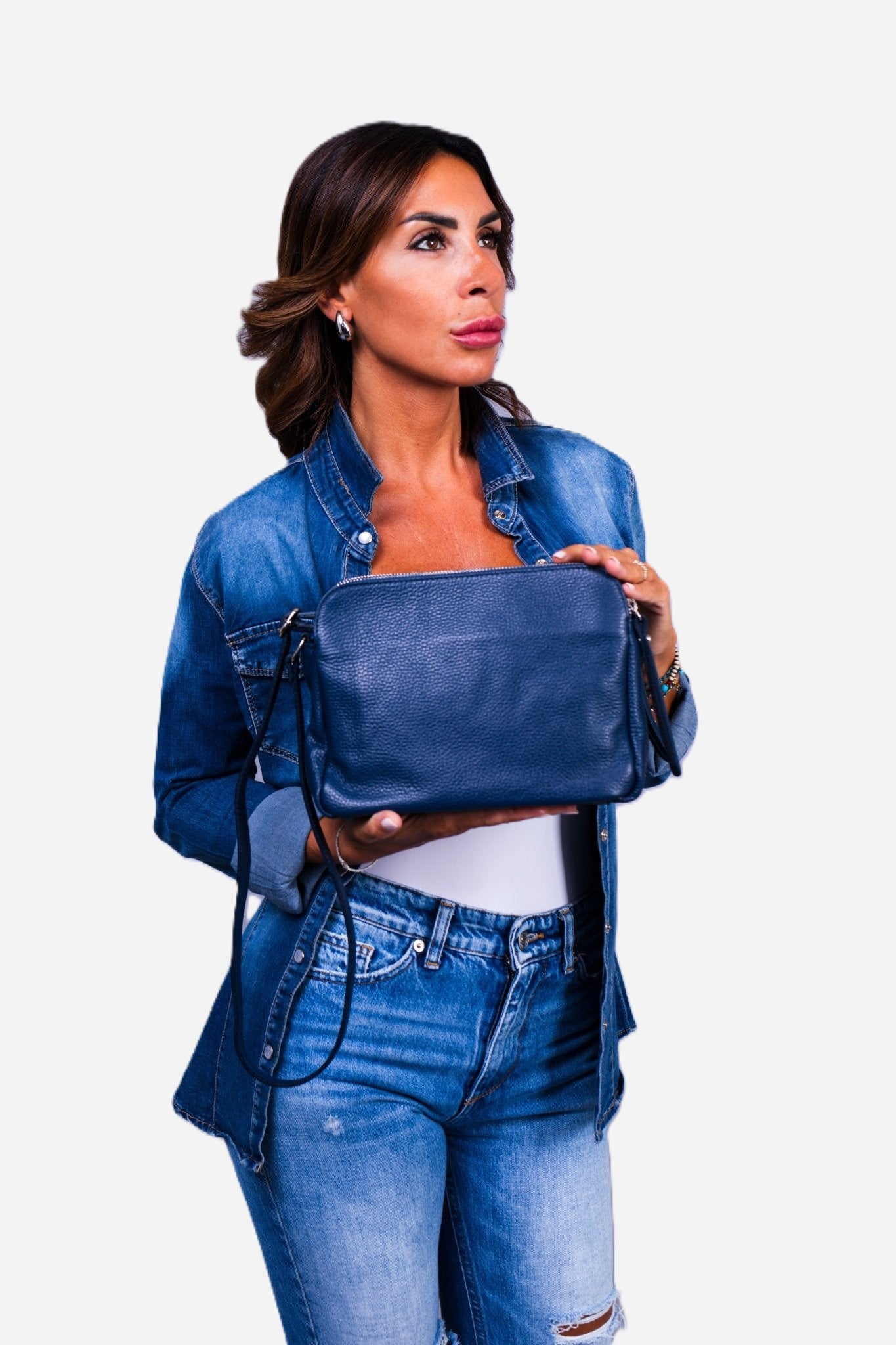 EDVIGE — Borsa a spalla in vera pelle color jeans | Made in Italy