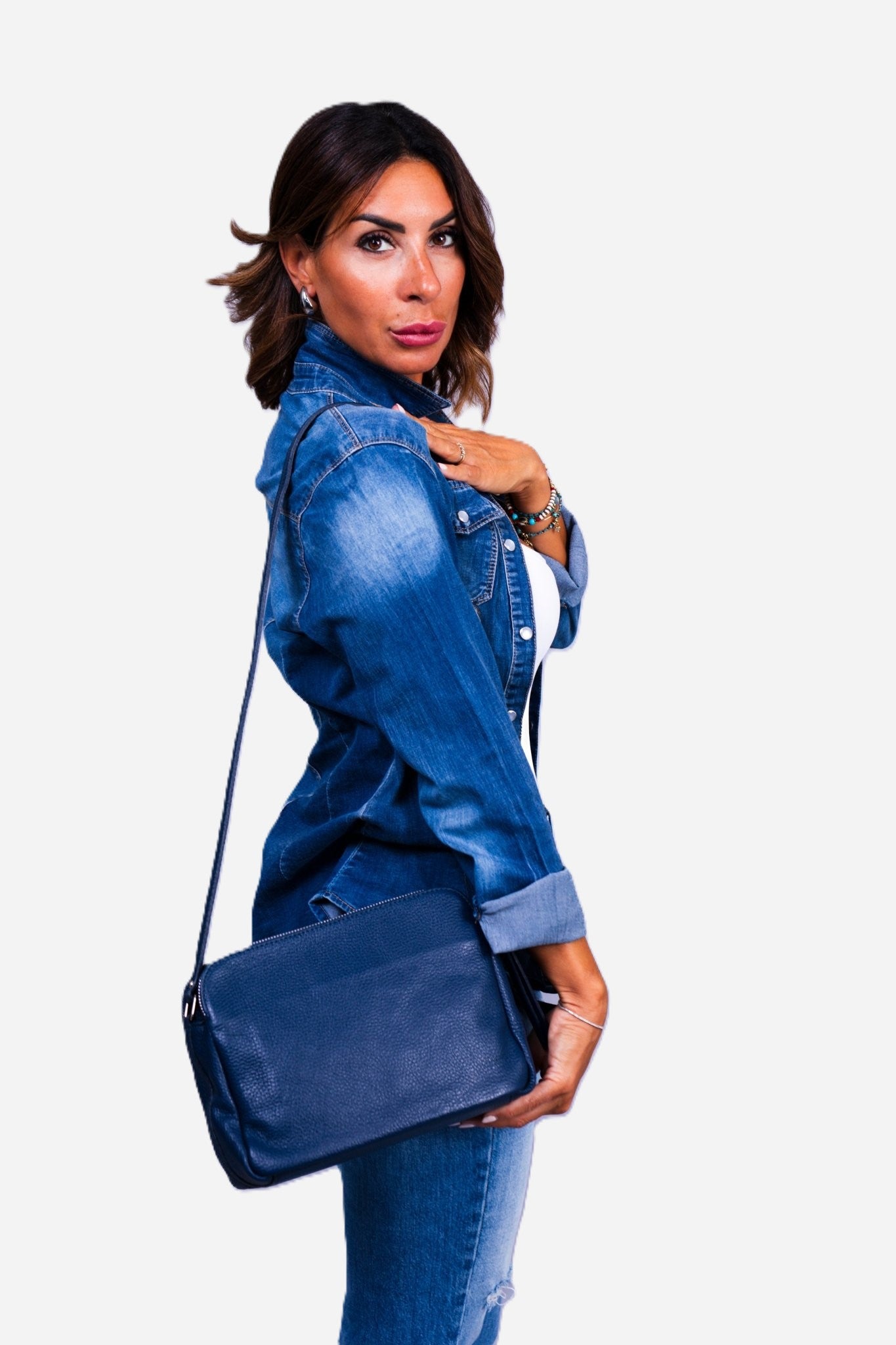 EDVIGE — Borsa a spalla in vera pelle color jeans | Made in Italy
