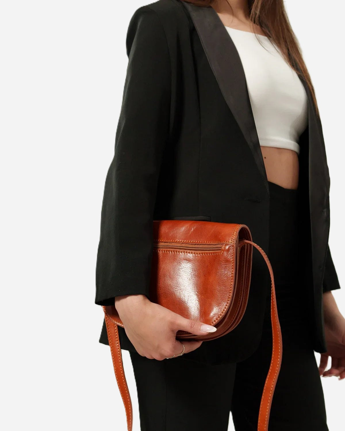Elena Women's Bag in Real Cowhide Leather Cognac Practical and Elegant