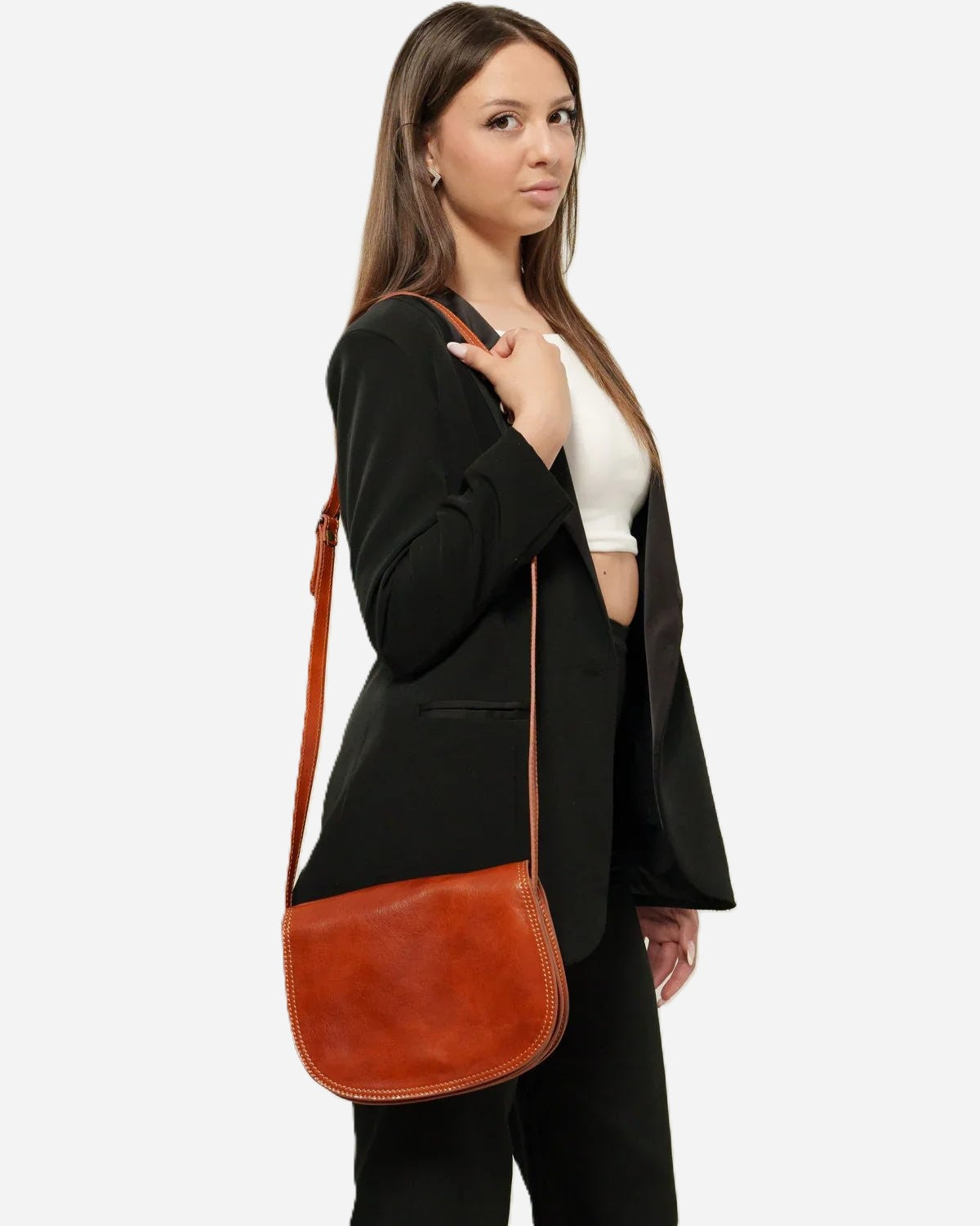 Elena Women's Bag in Real Cowhide Leather Cognac Practical and Elegant
