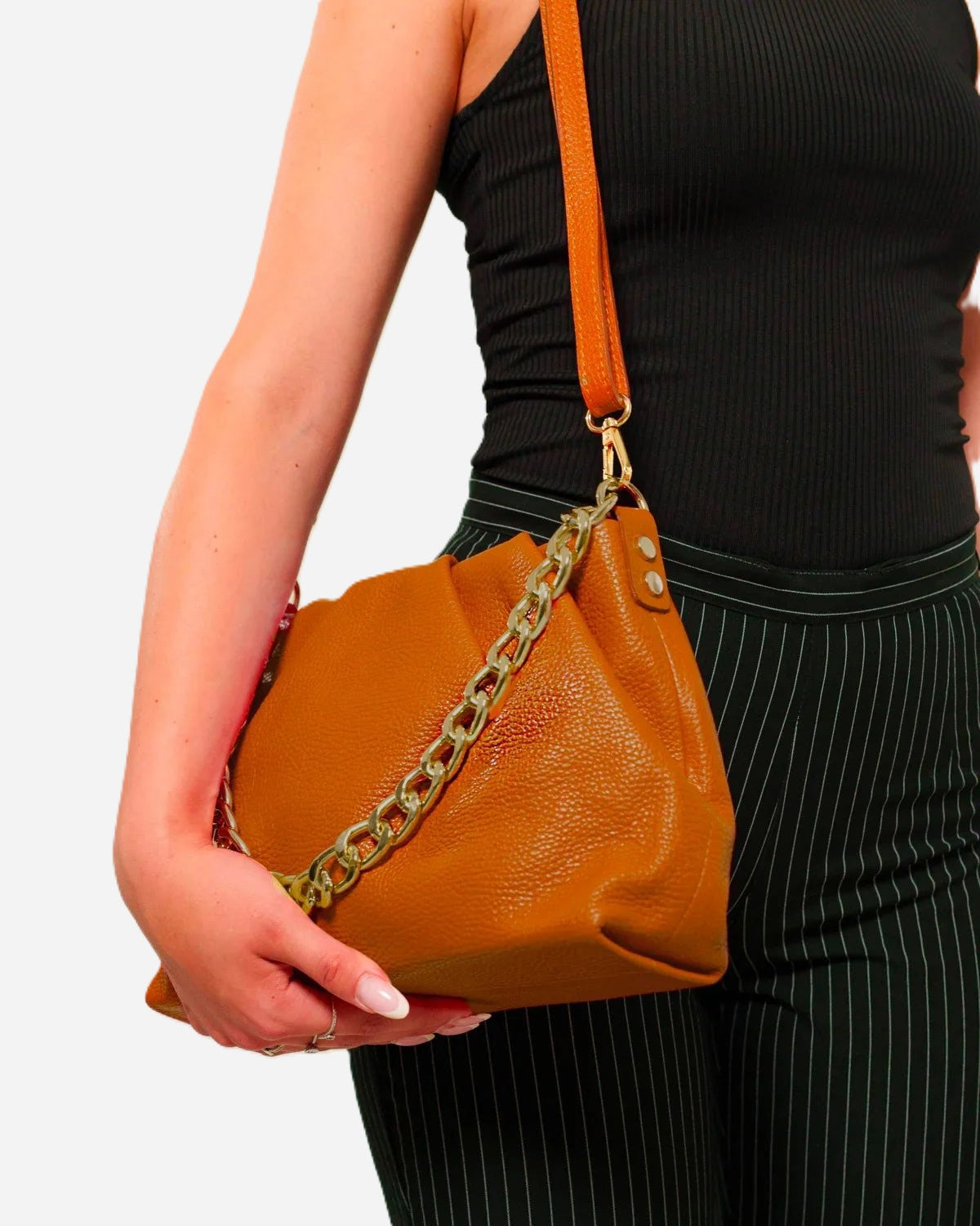 Borsa Donna Lauretana Vera Pelle Cognac | Catena Dorata | Made in Italy