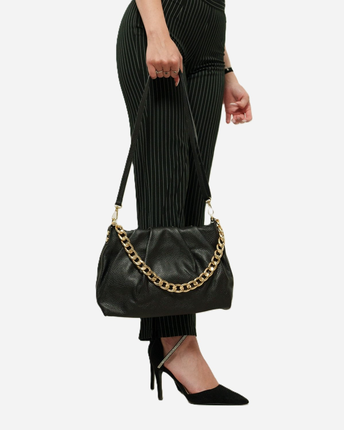 Borsa Donna Lauretana Vera Pelle Nero | Catena Dorata | Made in Italy