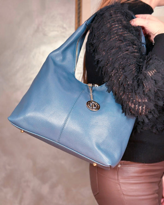 Borsa Spalla Hobo Donna Laura Vera Pelle Ceruleo Azzurro - Alidiluna