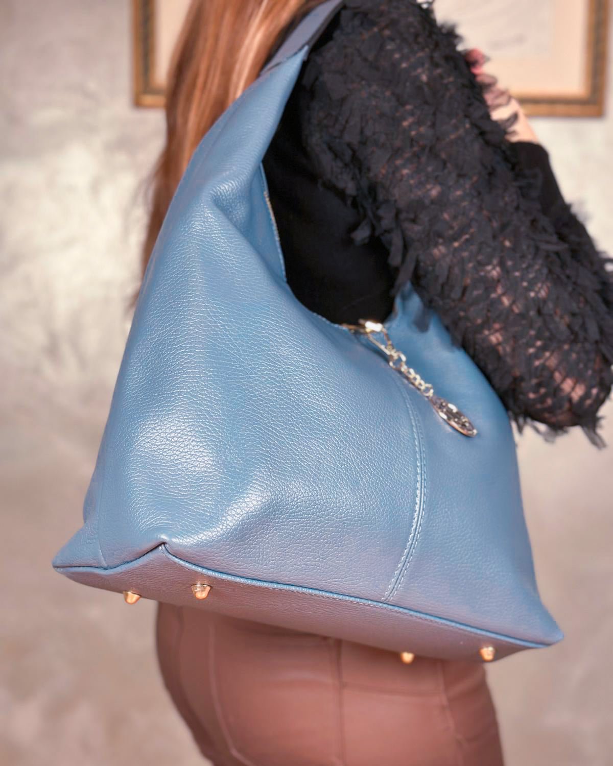 Borsa Spalla Hobo Donna Laura Vera Pelle Ceruleo Azzurro - Alidiluna