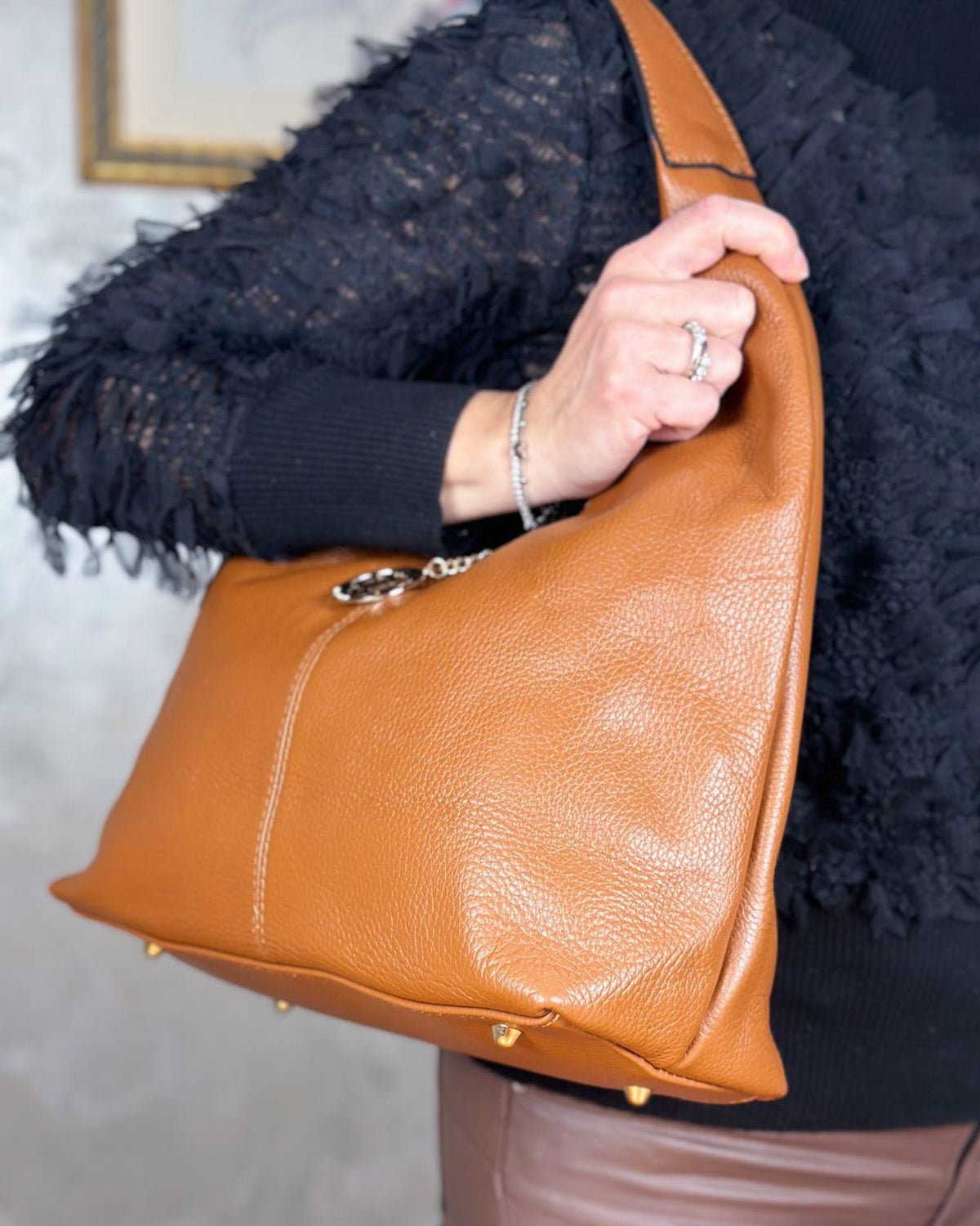 Borsa Spalla Hobo Donna Laura Vera Pelle Marrone - Alidiluna