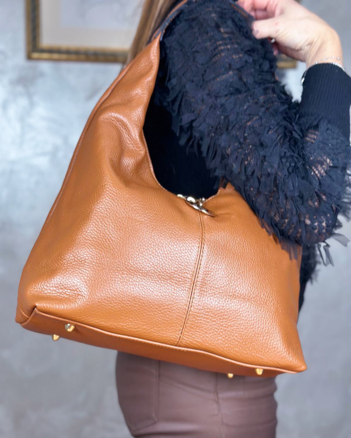 Borsa Spalla Hobo Donna Laura Vera Pelle Marrone - Alidiluna