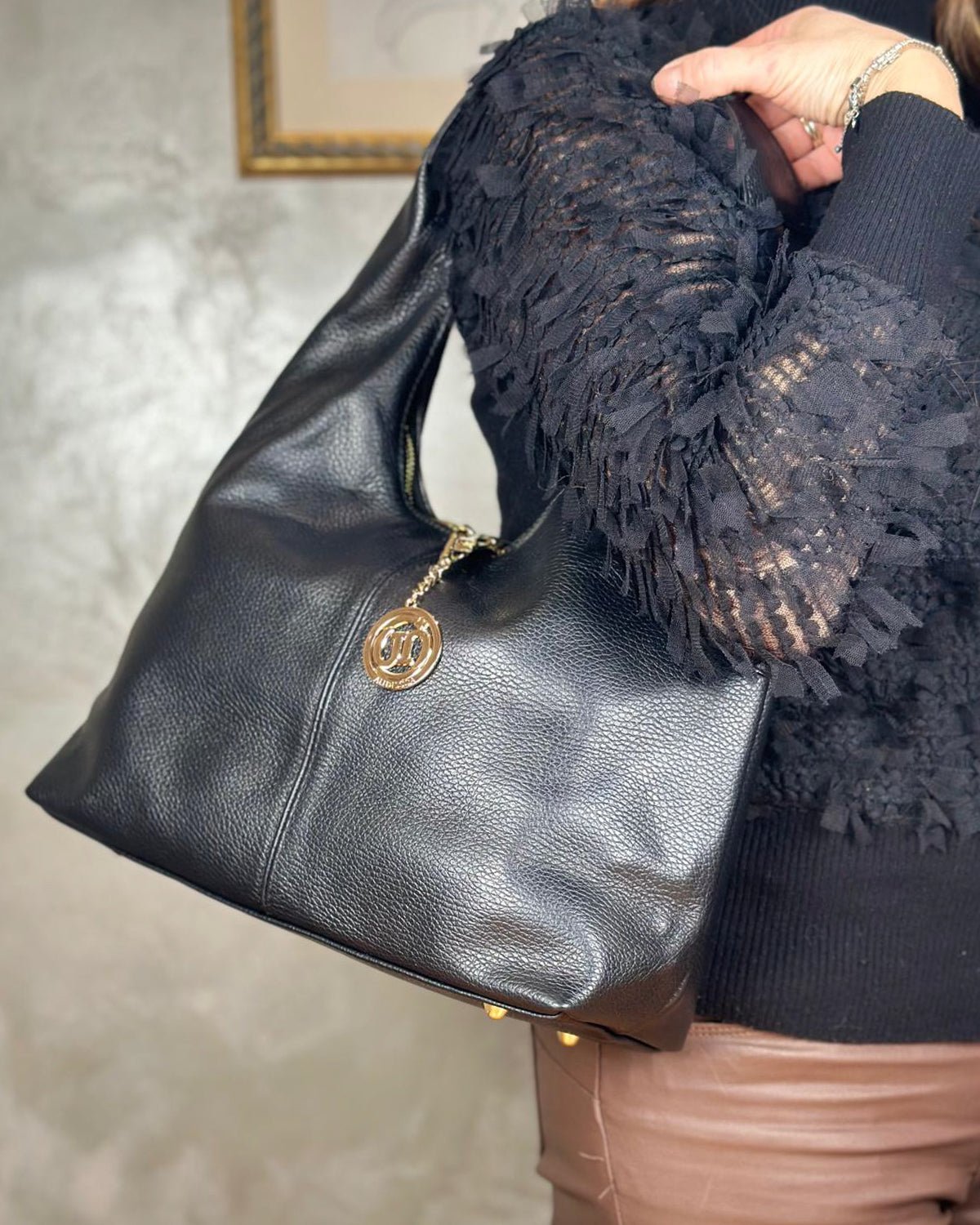 Borsa Spalla Hobo Donna Laura Vera Pelle Nero - Alidiluna