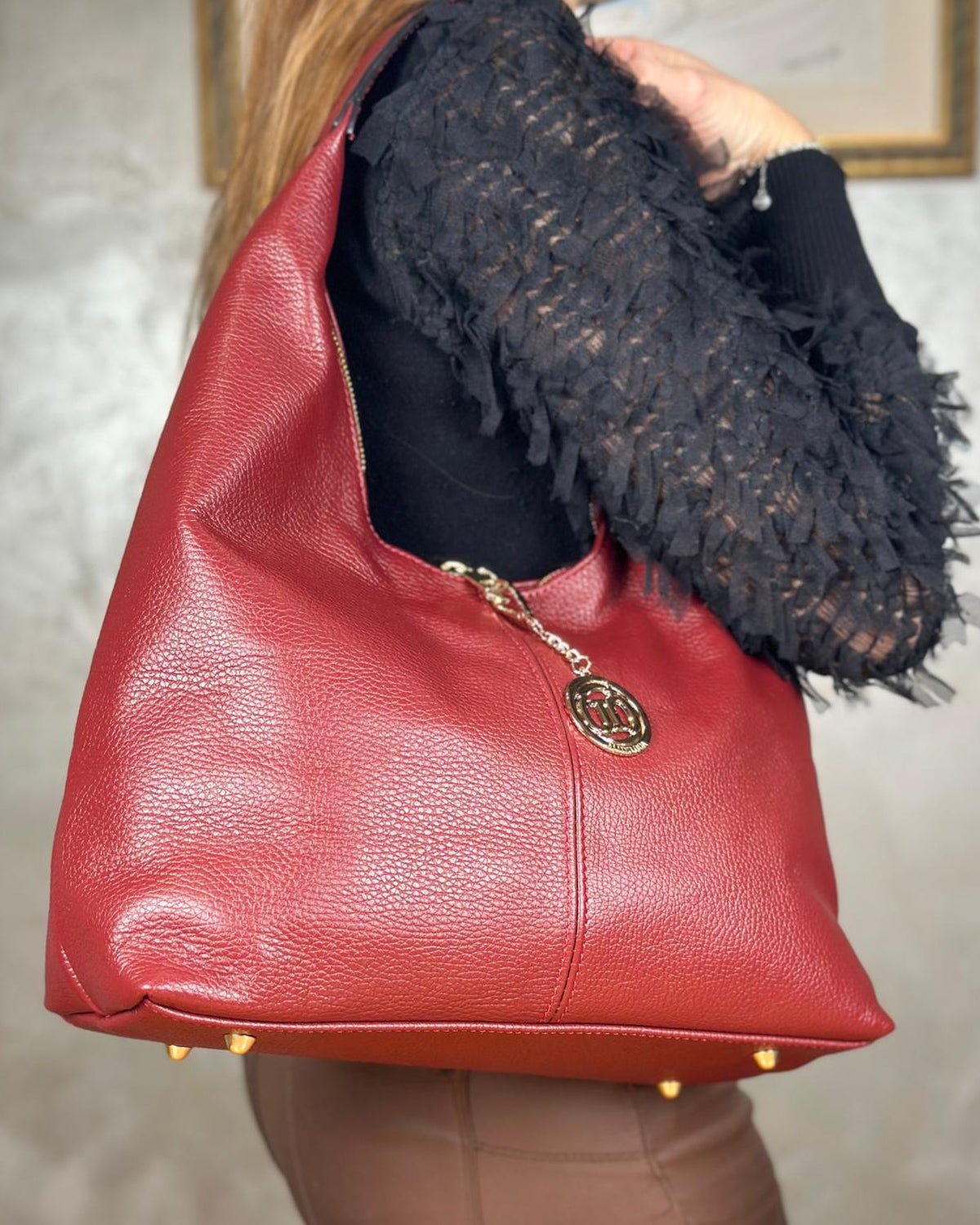 Borsa Spalla Hobo Donna Laura Vera Pelle Rosso scuro - Alidiluna