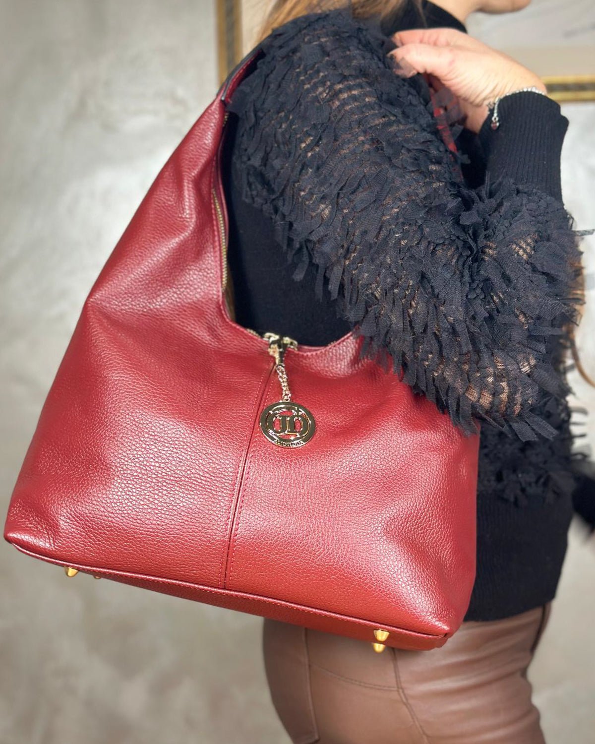 Borsa Spalla Hobo Donna Laura Vera Pelle Rosso scuro - Alidiluna