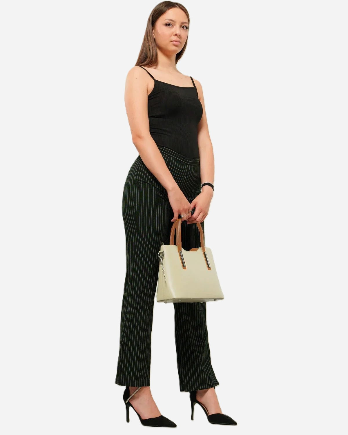 Adele women's shoulder or hand bag in genuine beige leather with cognac handles and zip