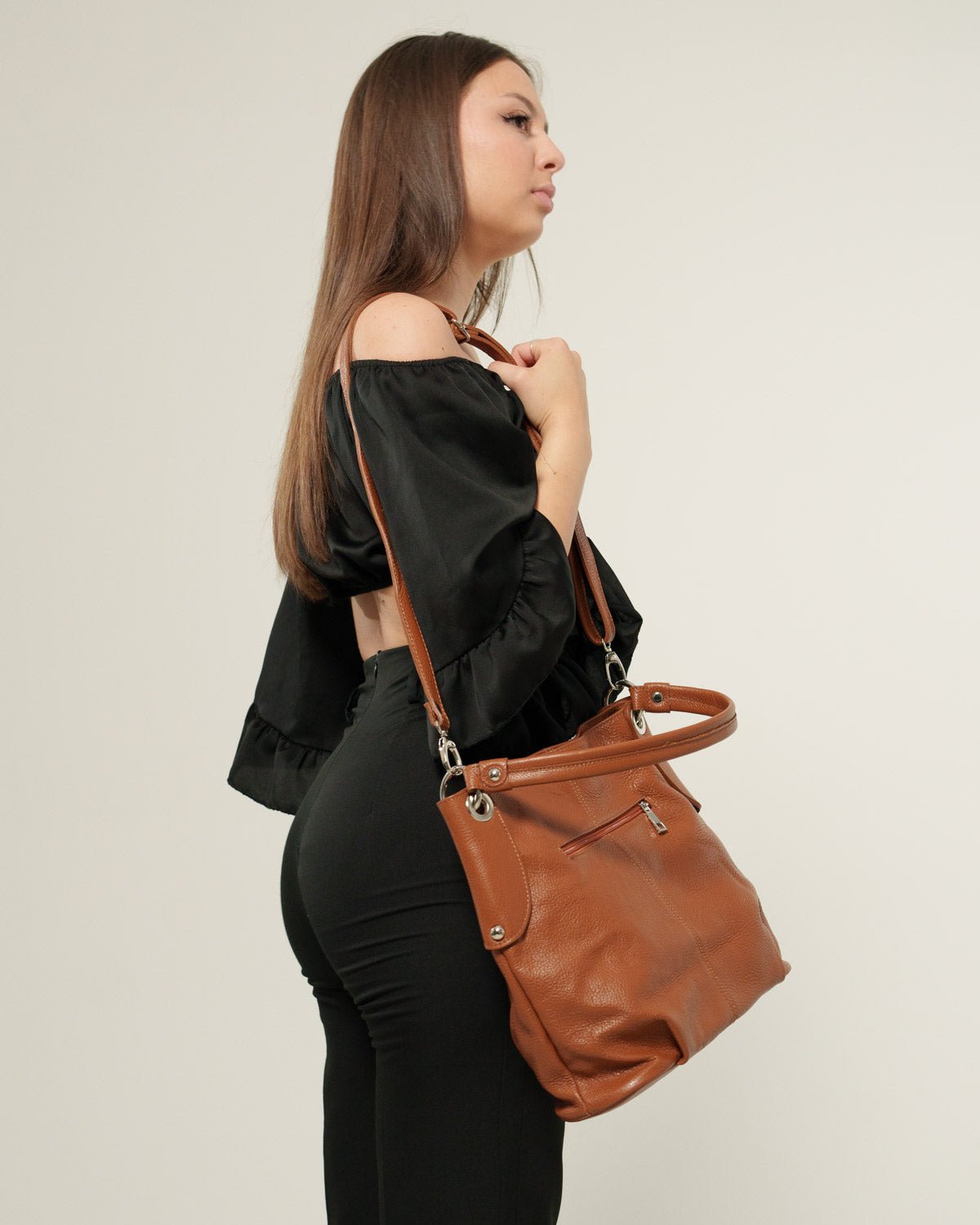 Borsa spalla o a mano Donna Giuliana in vera pelle Cognac con zip - Alidiluna