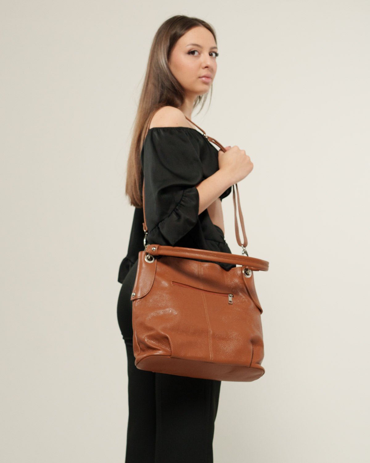 Borsa spalla o a mano Donna Giuliana in vera pelle Cognac con zip - Alidiluna