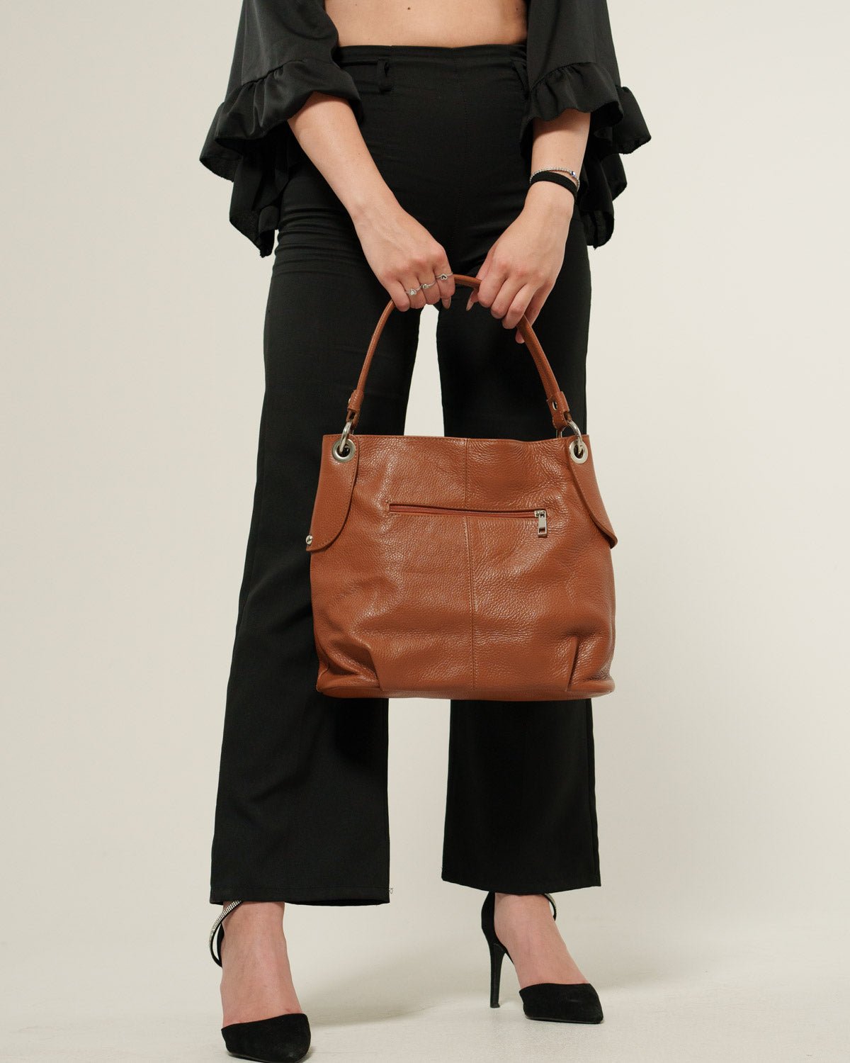 Borsa spalla o a mano Donna Giuliana in vera pelle Cognac con zip - Alidiluna