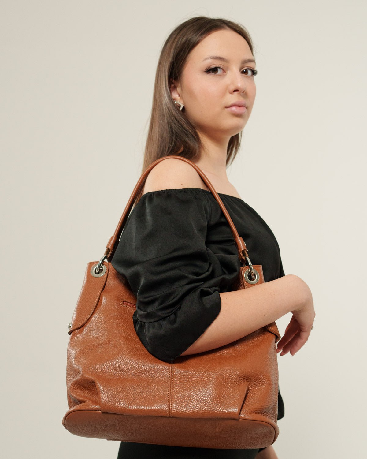 Borsa spalla o a mano Donna Giuliana in vera pelle Cognac con zip - Alidiluna