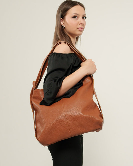 Borsa Spalla Zaino Donna Francesca Vera Pelle Cognac Versatile Pratica - Alidiluna