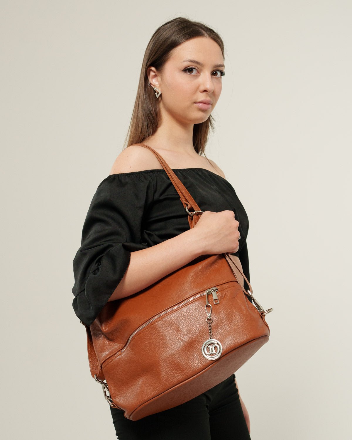 Borsa Spalla Zaino Donna Monia Vera Pelle Cognac Elegante Funzionale - Alidiluna