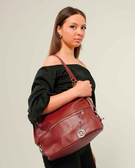 Borsa Spalla Zaino Donna Monia Vera Pelle Rosso Borgogna Elegante Funzionale - Alidiluna