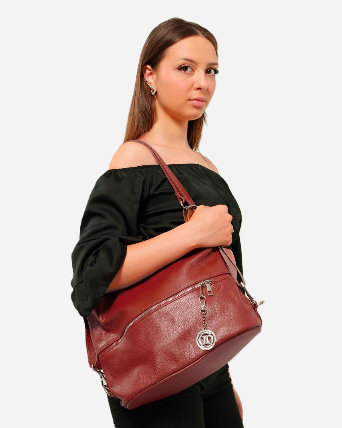 Monia Women's Shoulder Bag Backpack Genuine Leather Burgundy Red Elegant Functional