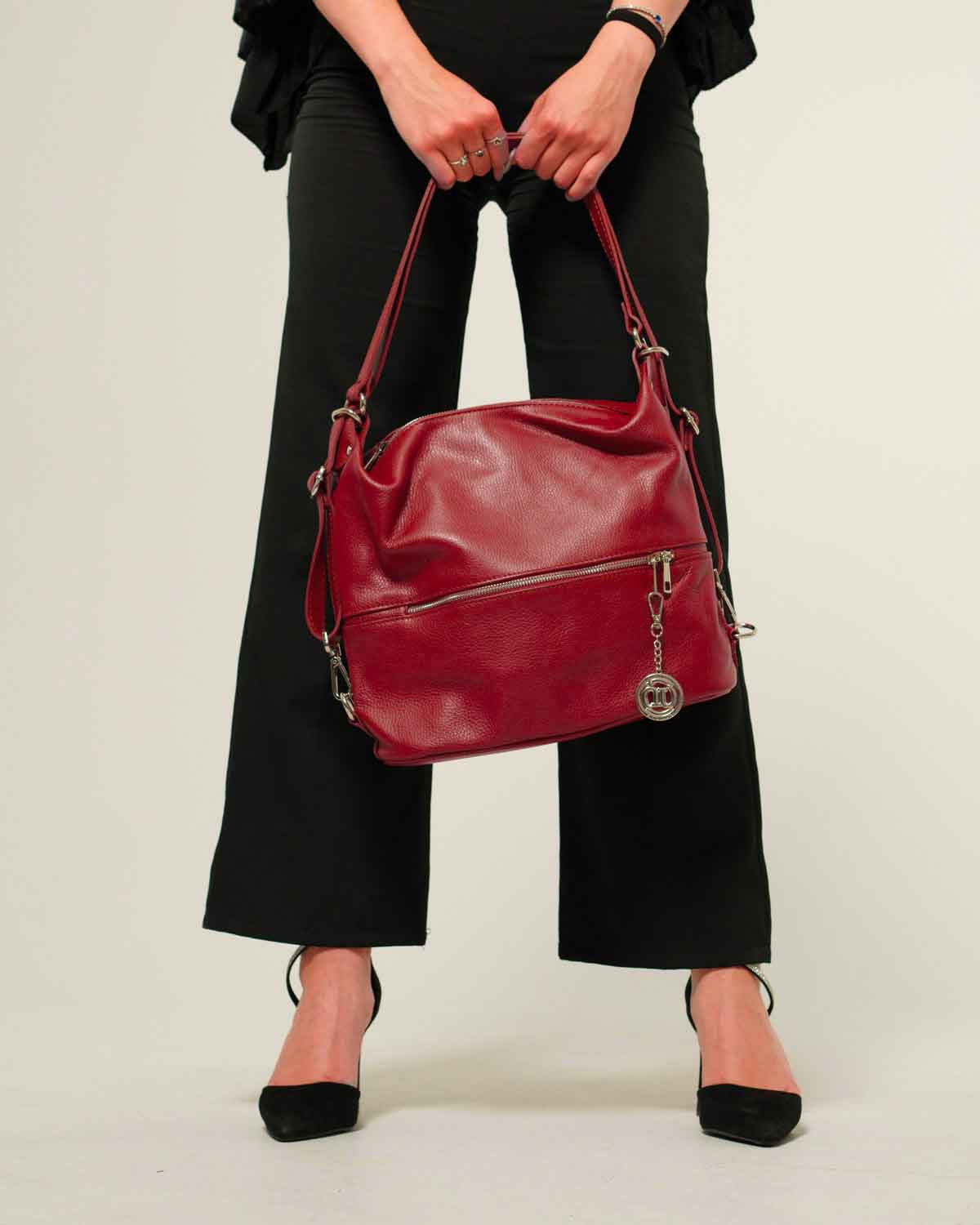 Borsa Spalla Zaino Donna Monia Vera Pelle Rosso Borgogna Elegante Funzionale - Alidiluna