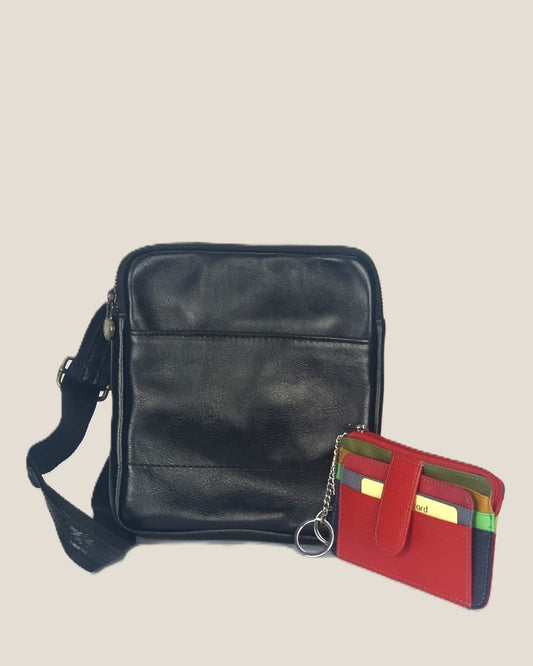 Borsello tracolla in pelle sportivo compatto da uomo Nero Tommaso - Alidiluna