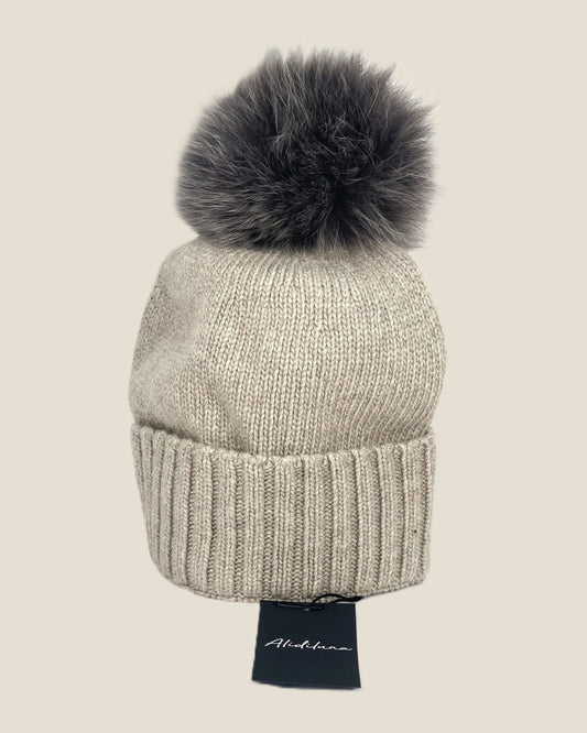 Cappello donna con pon pon di volpe grigio chiaro - Alidiluna