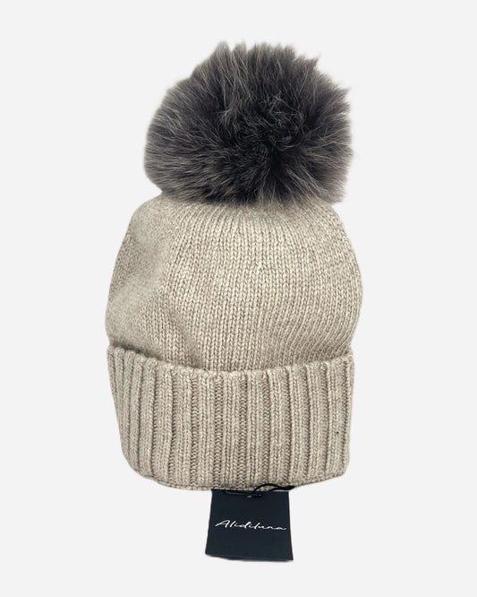 Cappello donna con pon pon di volpe grigio chiaro